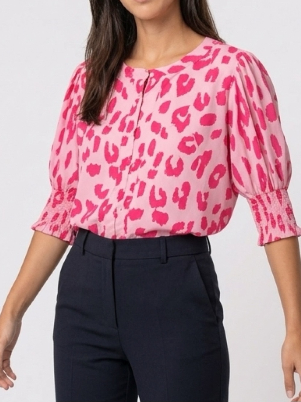 🎀 BiBi Pink Leopard Print Smock Blouse